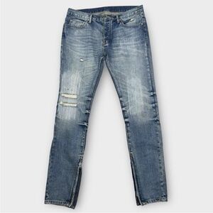 MNML Mens Jeans 34x34 (36x34) Blue Button Fly Tapered Leg Distressed Stitching
